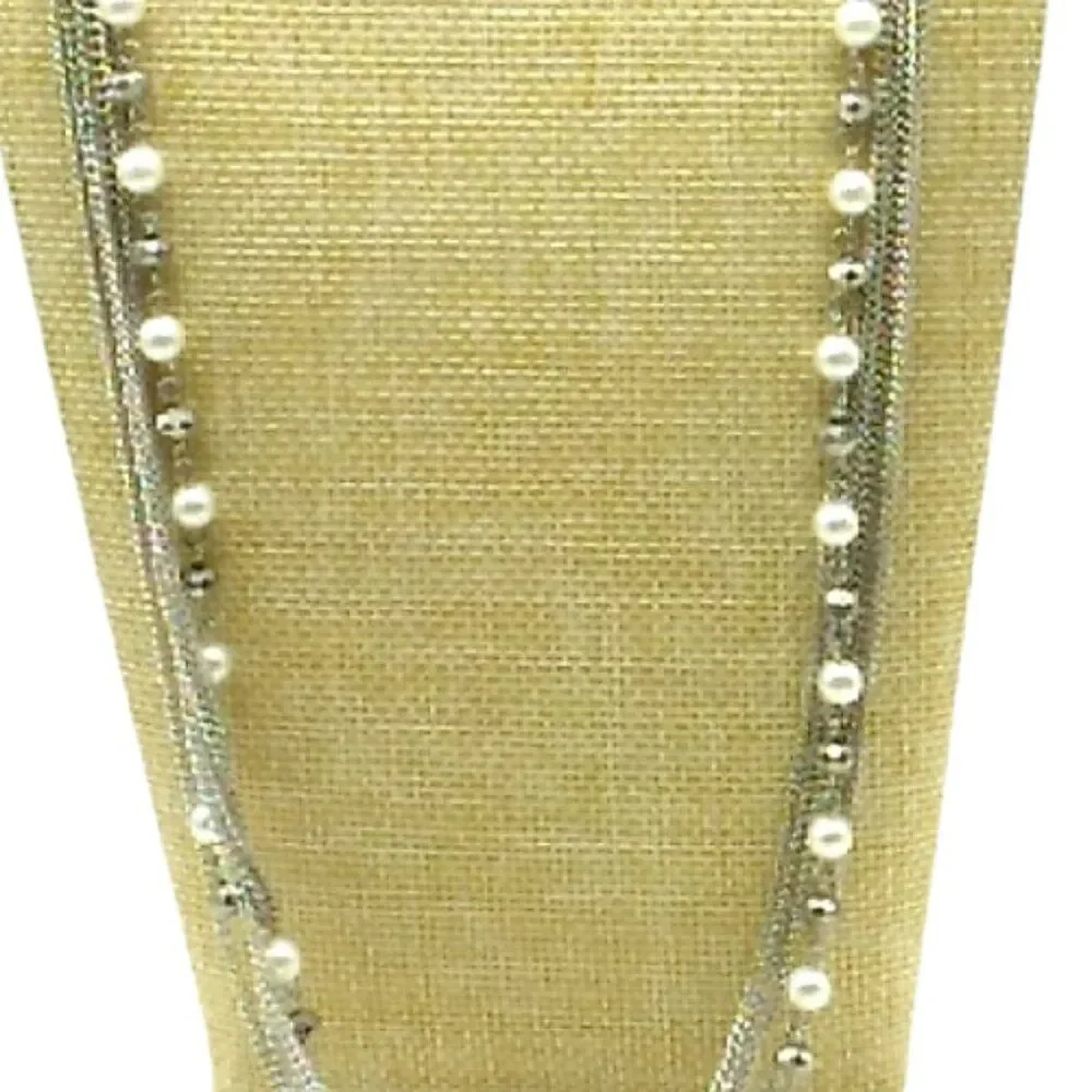 Faux Pearl Crystal Necklace Beaded Multi-Strand Layered Tassel Silver-tone Chain